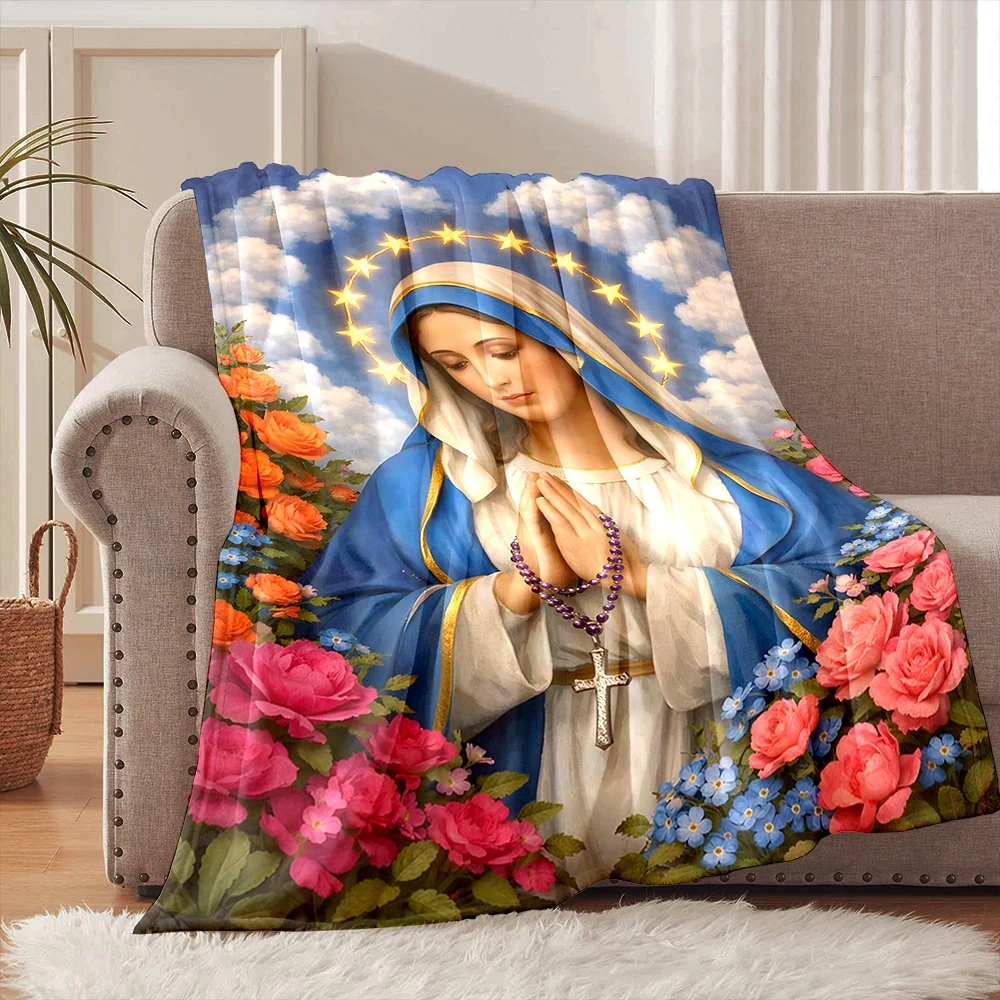 Virgin Mary praying floral arrangement Faith-printed Flannel Blanket Soft Warm Suitable for Home Travel Picnics Camping RV Use
