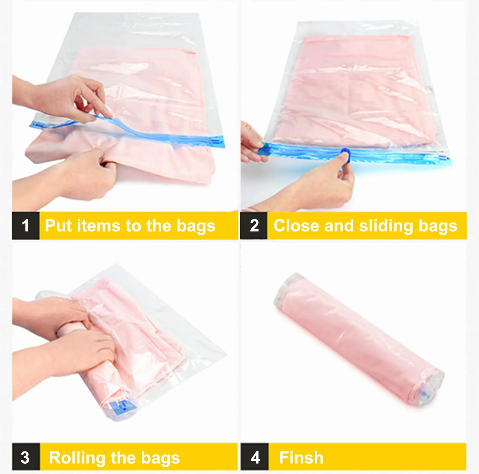 8 Pack Roll Up Compression Bags Reusable Vacuum Storage Bags for Travel Organizer Saving Space in Suitcase  No Pump Required