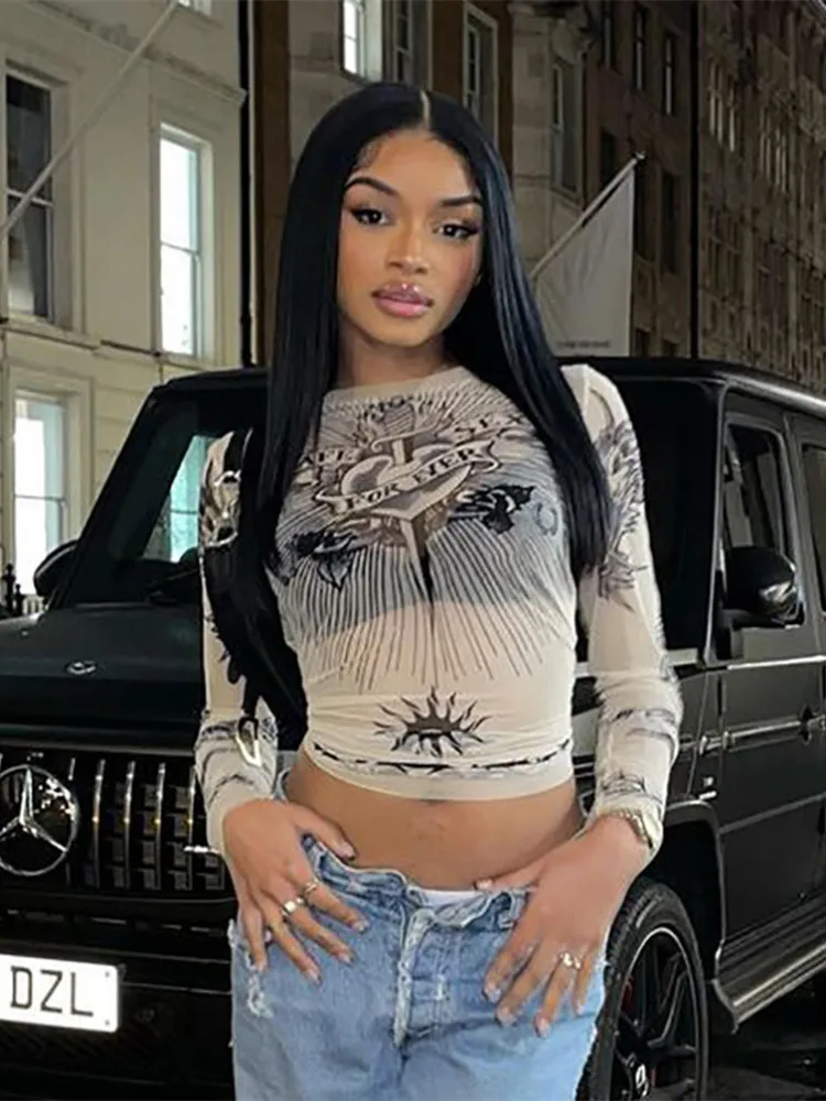 Y2K 에스테틱 펑크 의류 그래픽 티셔츠 여성 고딕 패션 긴팔 여성 티셔츠 시스루 스트리트웨어 에걸 탑 티셔츠