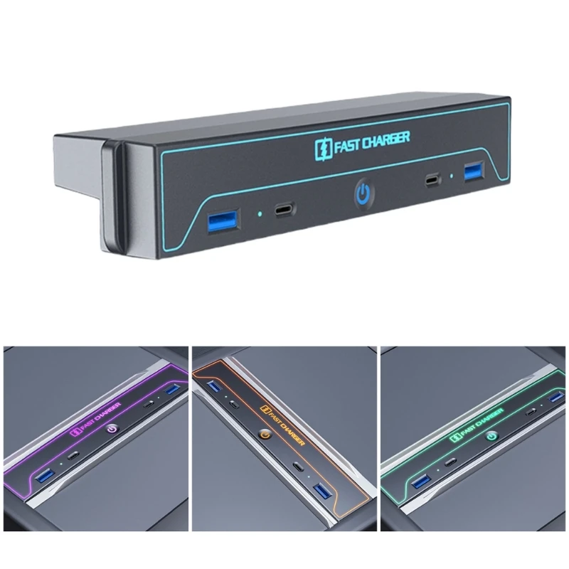 Center Console USB Hub with Sliding Lid Multiport Fast Charging Station Center Console Hub for Car