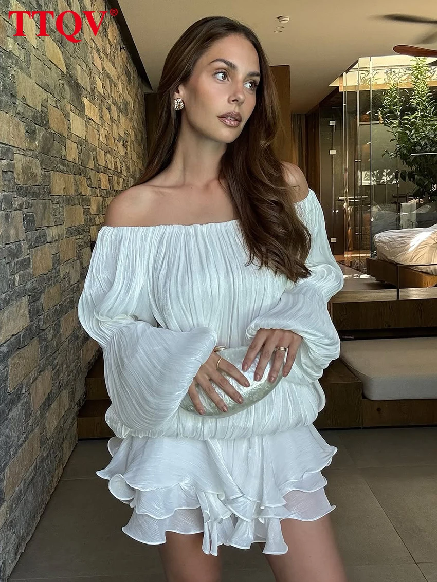 

TTQV Sexy Loose White Pleated Womens Dresses 2026 Fashion Slash Neck Long Sleeve Mini Dress Elegant Classic Female Dress