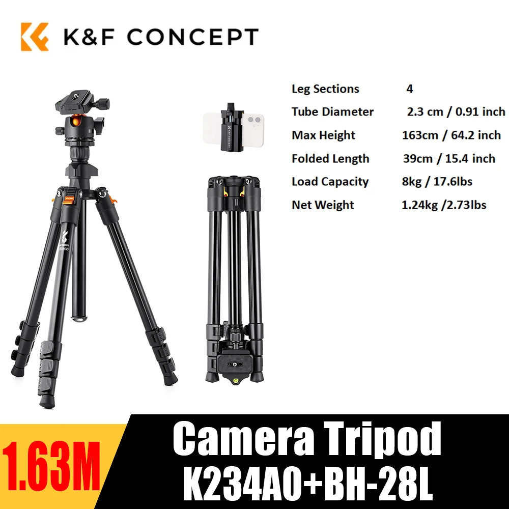 k-f-concept-bi234m-treppiede-per-fotocamera-da-6299-pollici-160-cm-in-alluminio-con-360-°-testa-a-sfera-panoramica-e-piastra-a-sgancio-rapido