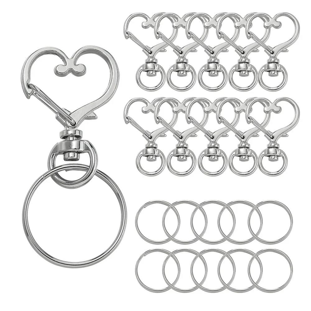 20pcs Metal Keychains 10pcs Heart Shaped Swivel Snap Hooks with 10pcs Key Ring Suitable for Keychain Lanyards, Charms, Jewelry