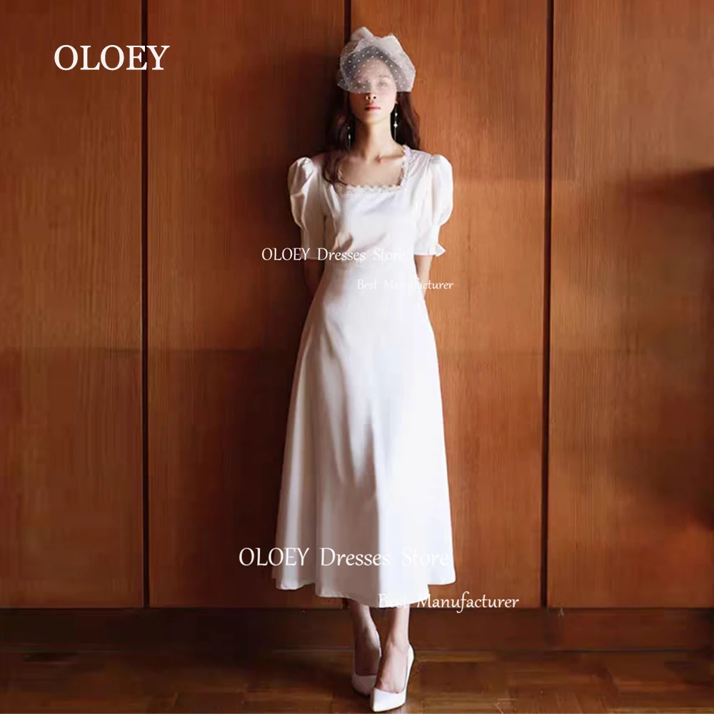 OLOEY Simple Pleats Satin A Line Wedding Dress Korea Photoshoot Square Collar Short Sleeves Bridal Gown Mid Calf Length Custom