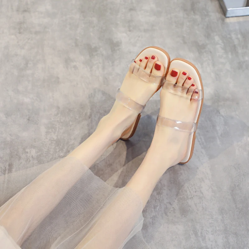 

Women's Flat Sandals, Lightweight Clear Strap Square Toe Slide Sandals, Transparent Casual Shoes for Summer Daily Wear & Beach