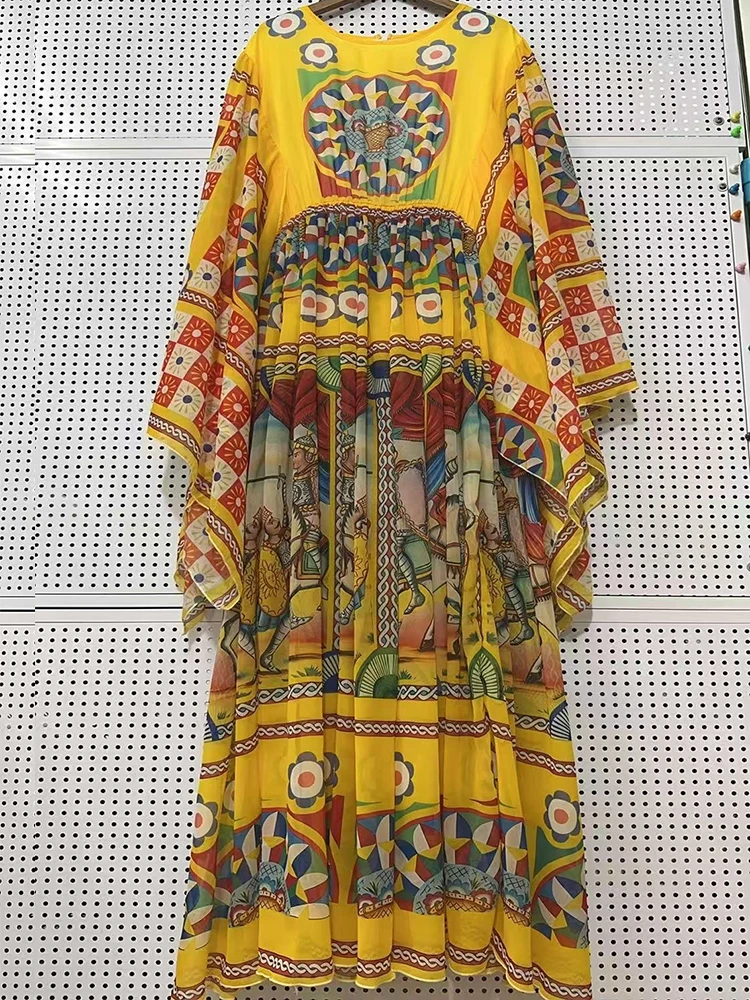 2025년 봄/여름 여성 신상 라운드넥 박쥐소매 시폰 프린트 루즈핏 드레스, 궁궐풍 허리 스윙 휴가 원피스