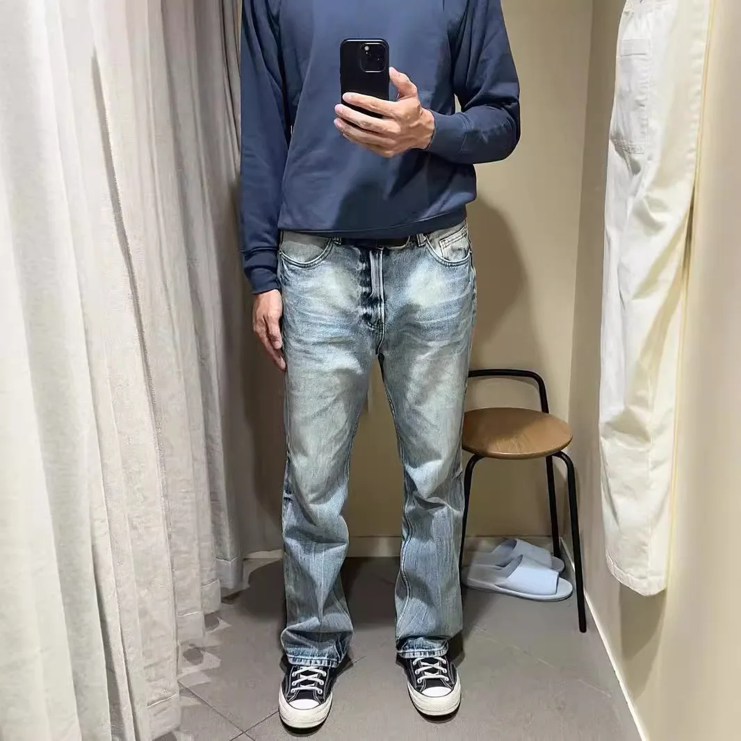 Men Ice Blue Faded Lightning Ripple Jeans 2026 New American Vintage Washed Distressed Micro Flare Straight Denim Pants