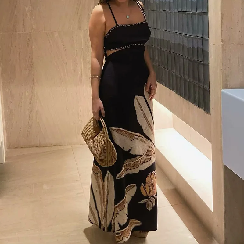 Moda padrão impresso vestido de festa longo elegante fora do ombro bohe suspender vestido feminino sexy oco sem costas magro vestido de verão