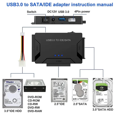 Imagen 2 del producto Adaptador USB 3,0 a SATA/IDE Adaptador de disco duro IDE para IDE Universal de 2,5""/3,5"" pulgadas y SATA HDD externo/SSD compatible con 6TB