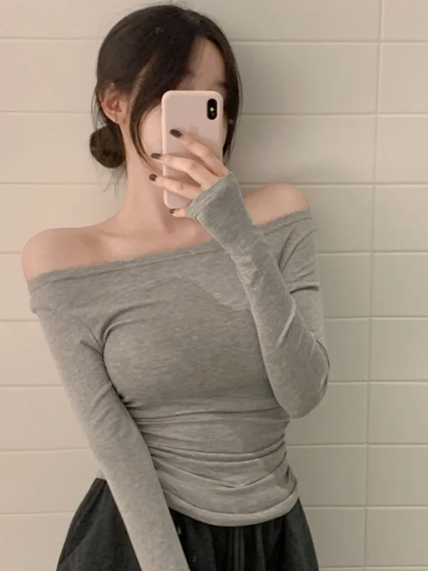 Autumn/winter Korean 2024 Version New Slash Neck Off Shoulder Long Sleeve T-shirt Women Cinching Waist Solid Slim Short Top B2SU