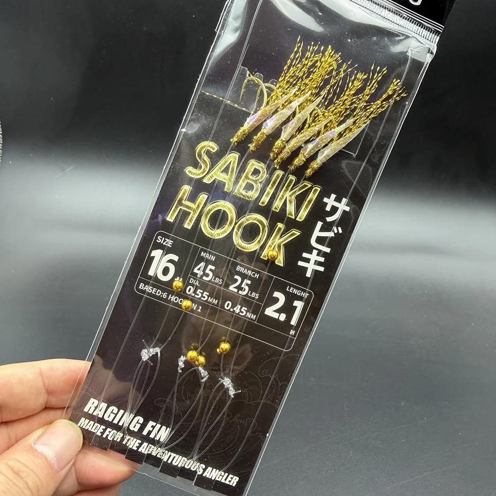 1 Packung/10 Packungen Gold SABIKI Rig – Schwarzes Karpfenleder + Goldfaden, Goldhaken, Salz-/Süßwasser, für Makrelen & Sabiki-Fische – Detail 1