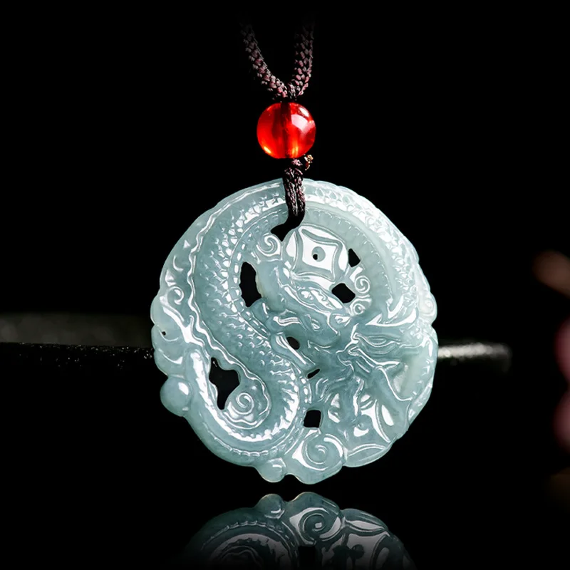 

Natural A-grade Jade Blue Water Business Prospers Tongcai Dragon Brand Zodiac Pendant Ice Jade Men's Charms Women's Jewelry