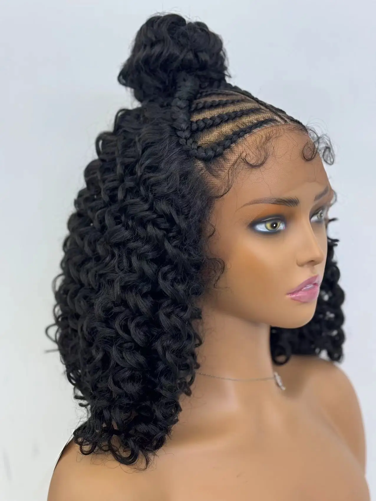 HZ Frontal Cornrow trenzado 16 pulgadas rizado Bob 13*4 peluca con malla Frontal sintética nudo superior cinta trenzada moño pelucas trenzadas