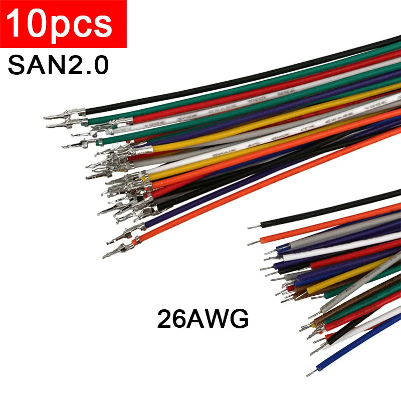 10pcs SAN2.0 Terminal 2.0mm Pitch Solder Board Straight Pin Color Electronic Connector Wire 26Awg Single Double Head 10cm 20cm