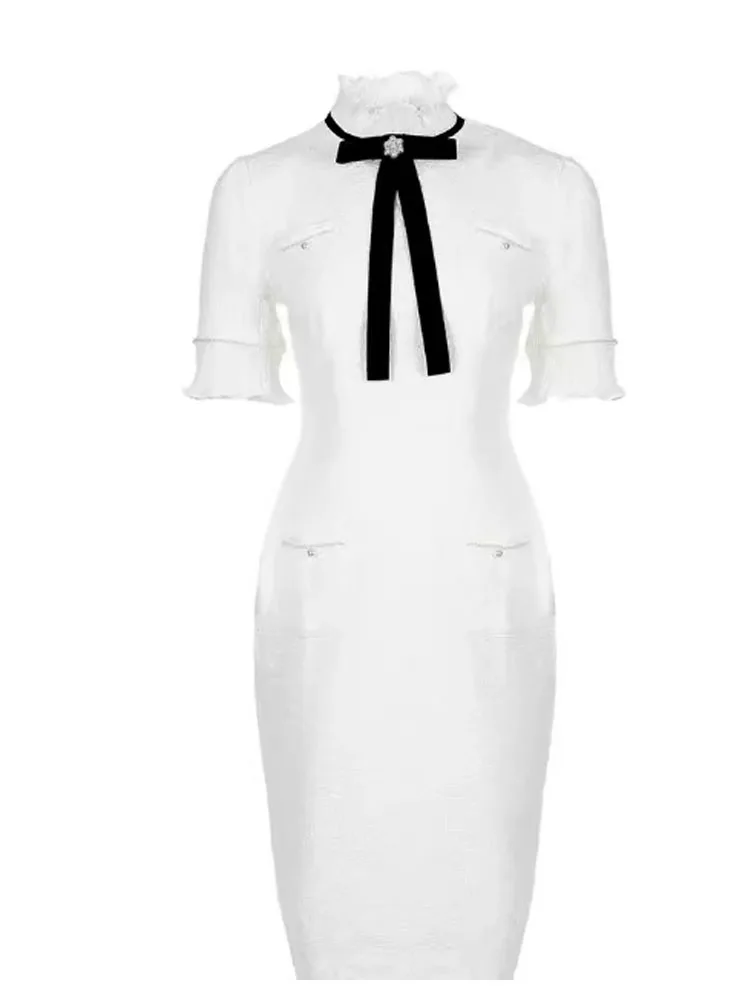 Women's Elegant Office Dress Beads Bowknot Decor Short Sleeve Party Dress