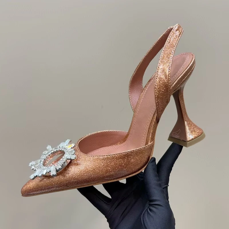 Spring Summer Rhinestone Bow Cup High Heels Sandals Women Shiny Leather Pointed Toe Back Strap Sandalias Sexy Party Dress Shoes
