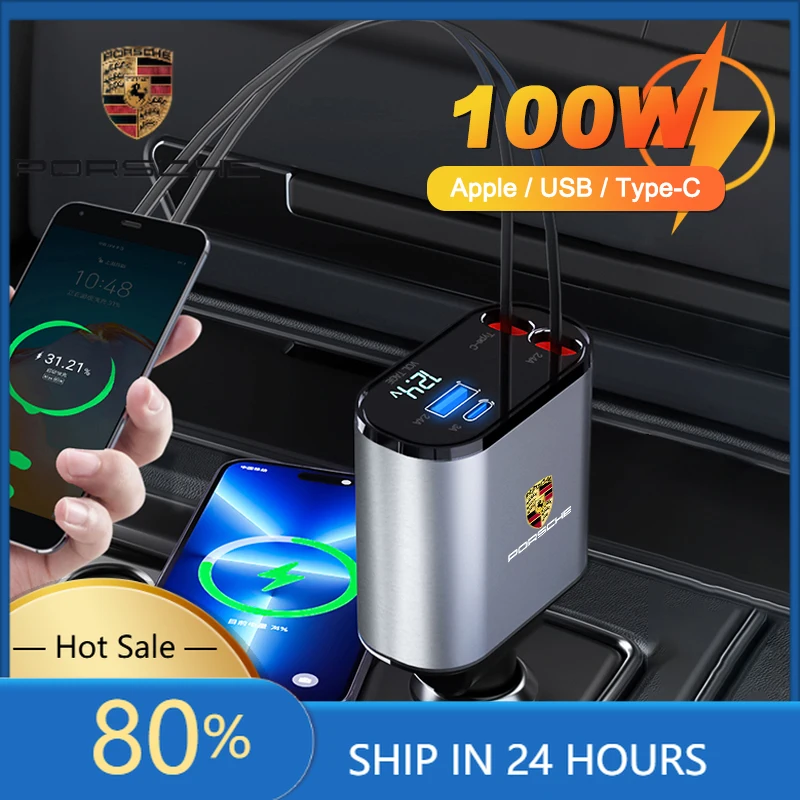 

Interior Stickers Fot Porsche Retractable Car Charger USB Type Cable For IPhone Huawei Samsung Fast Charge Cord For Porsche 911