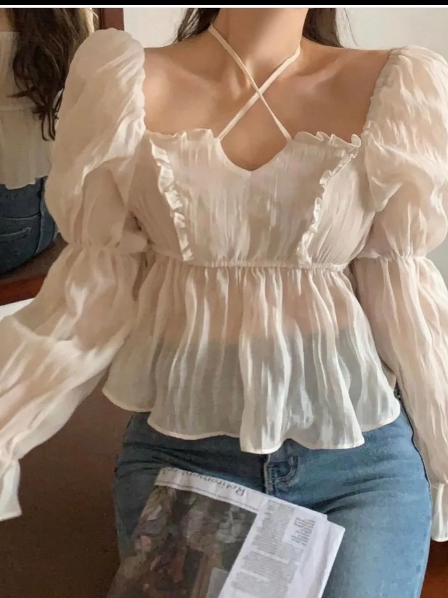 

Elegant Korean Style Women's Shirt Spring New Sexy Clavicle Pure Desire Bell Sleeve Long Sleeve Tie Design Lace Snowflake Pat...