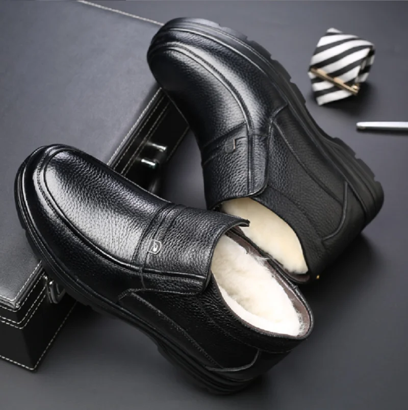 New Fashion Business High Quality Real Leather Shoes Men's Leisure Winter Keep Warm Thickening Wool Anti Slip Shoes Size 35-45