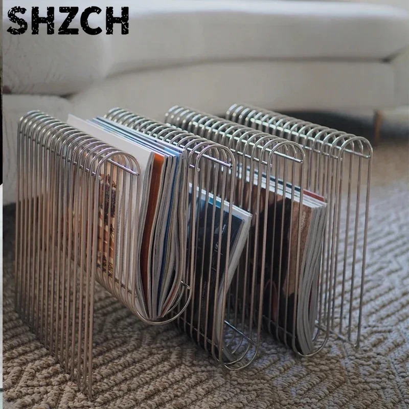 Industrial Style Side Table with Storage Designer Metal Magazine Rack Creative Sofa End Table for Books/Decor Modern Wire Basket