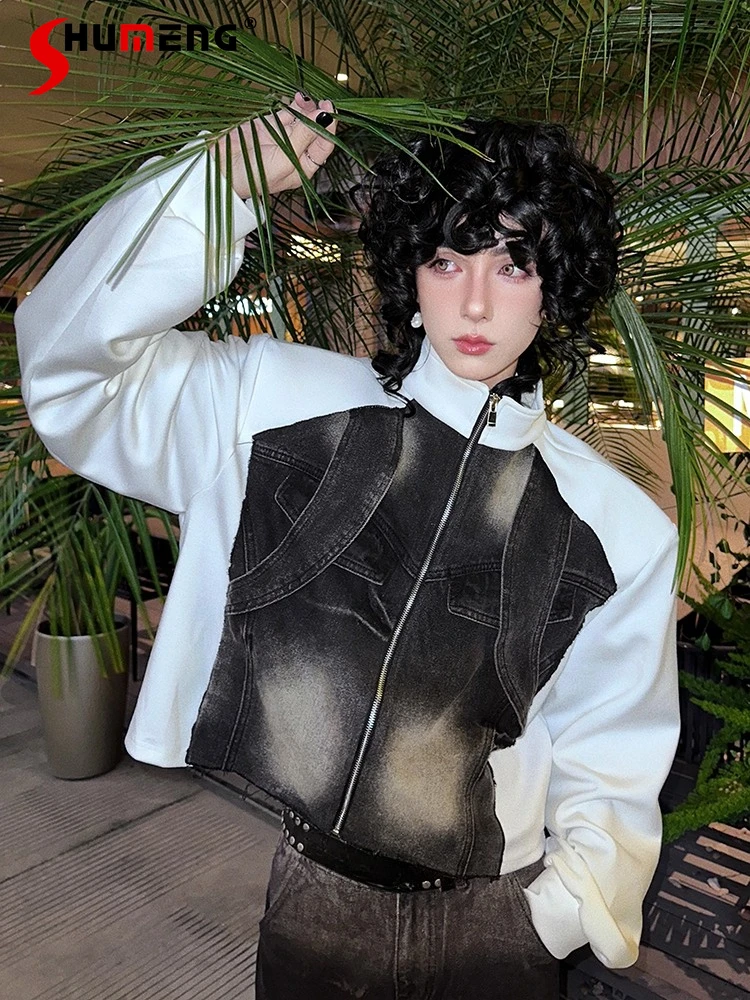 سترات رجالية عصرية 2025 شتاء جديد على الطراز الأمريكي سترات مريحة فضفاضة من قماش الدنيم بألوان متباينة وسيم وأكمام طويلة معاطف علوية