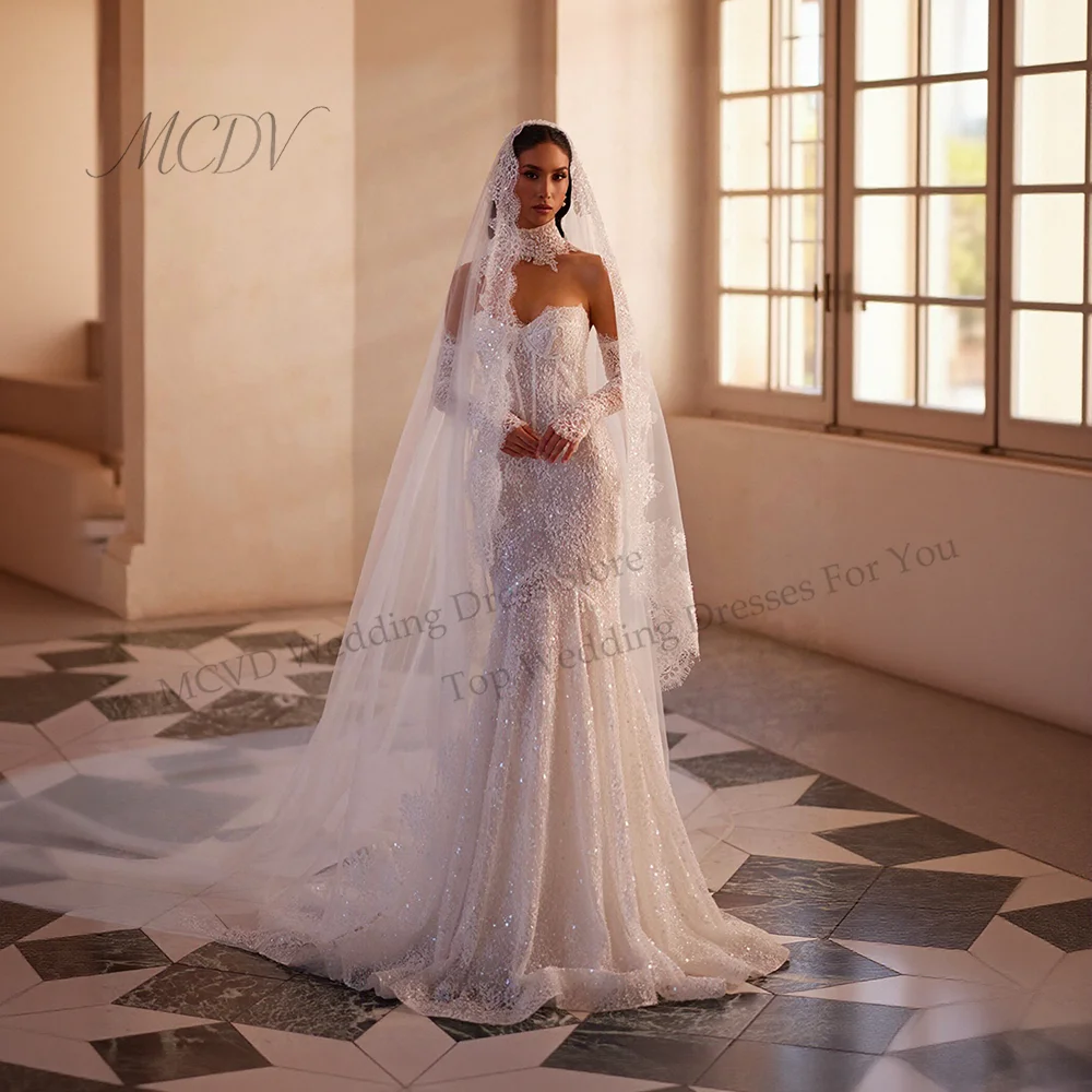 Sequin Lace Mermaid Wedding Dress 2026 Luxury Detachable Sleeve Zipper Back Bridal Gown Sweetheart robe de mariée Customized