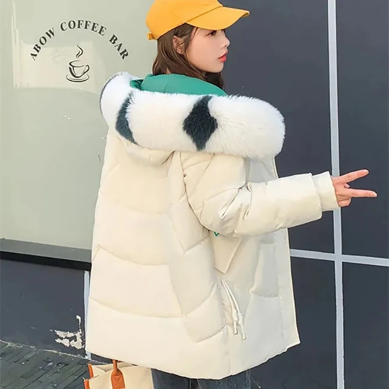 

2023 Women Down Cotton Coat Winter Jacket Mid Length Version Parkas Loose Large Size Thick Outwear Fur Colla Hooded Overcoat XL