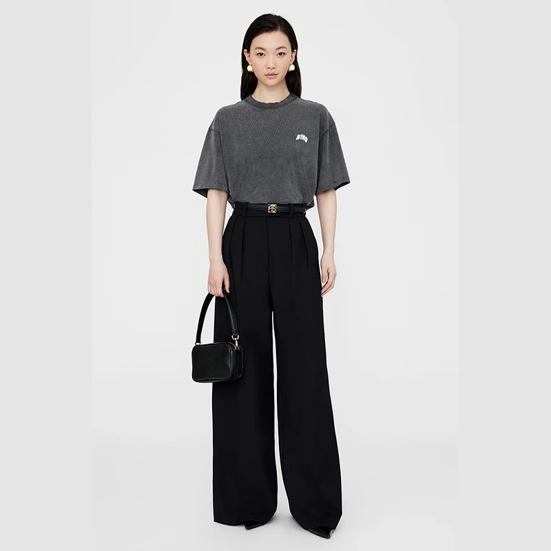 

Женская летняя модная футболка с короткими рукавами и деформированным буквенным принтом, жареные водой старые черные и серые цвета