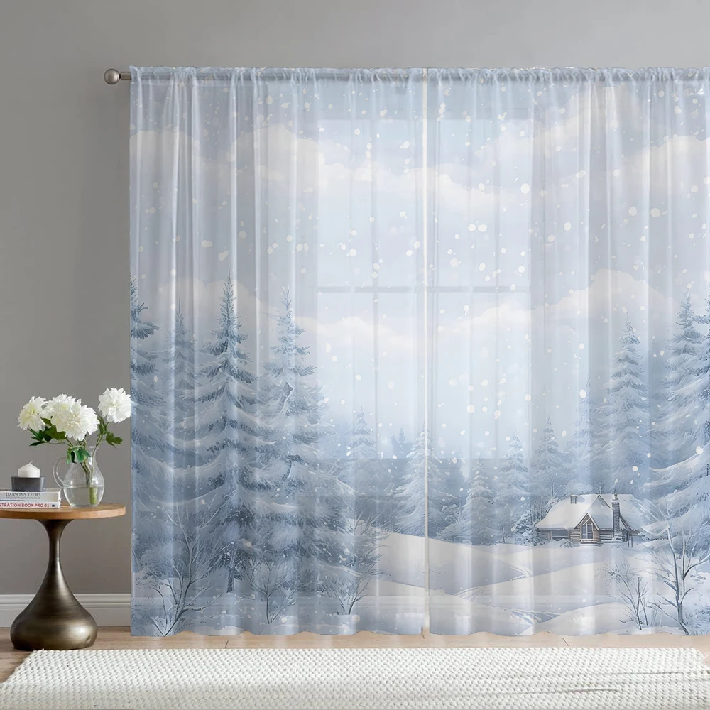 

2 шт. Декоративные оконные занавески с принтом, синий зимний пейзаж, с карманом для штор, подходят для кухонь, кафе и гостиных.