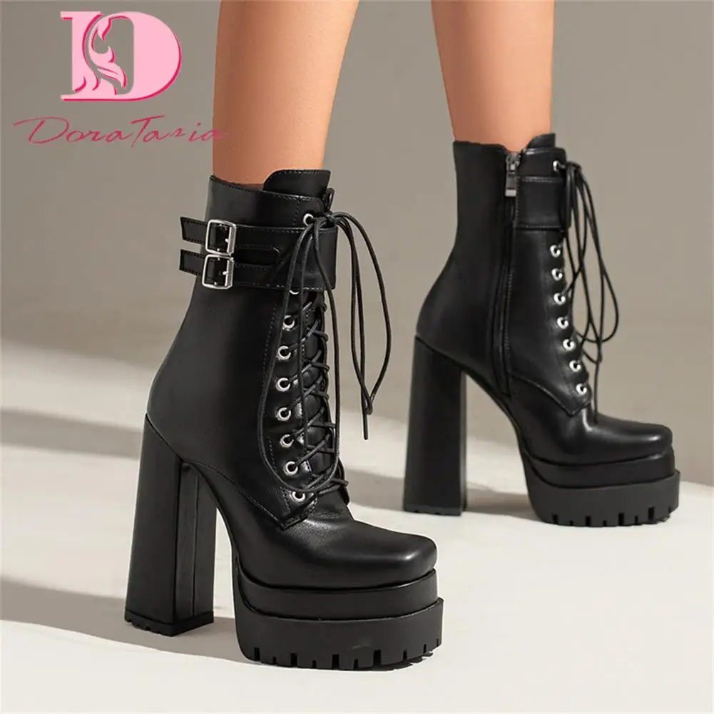 

Doratasia Trendy New Ladies Boots Platform Shoes Women Autumn Winter Ankle Boots Female Zip Slip-on Square High Heels Female