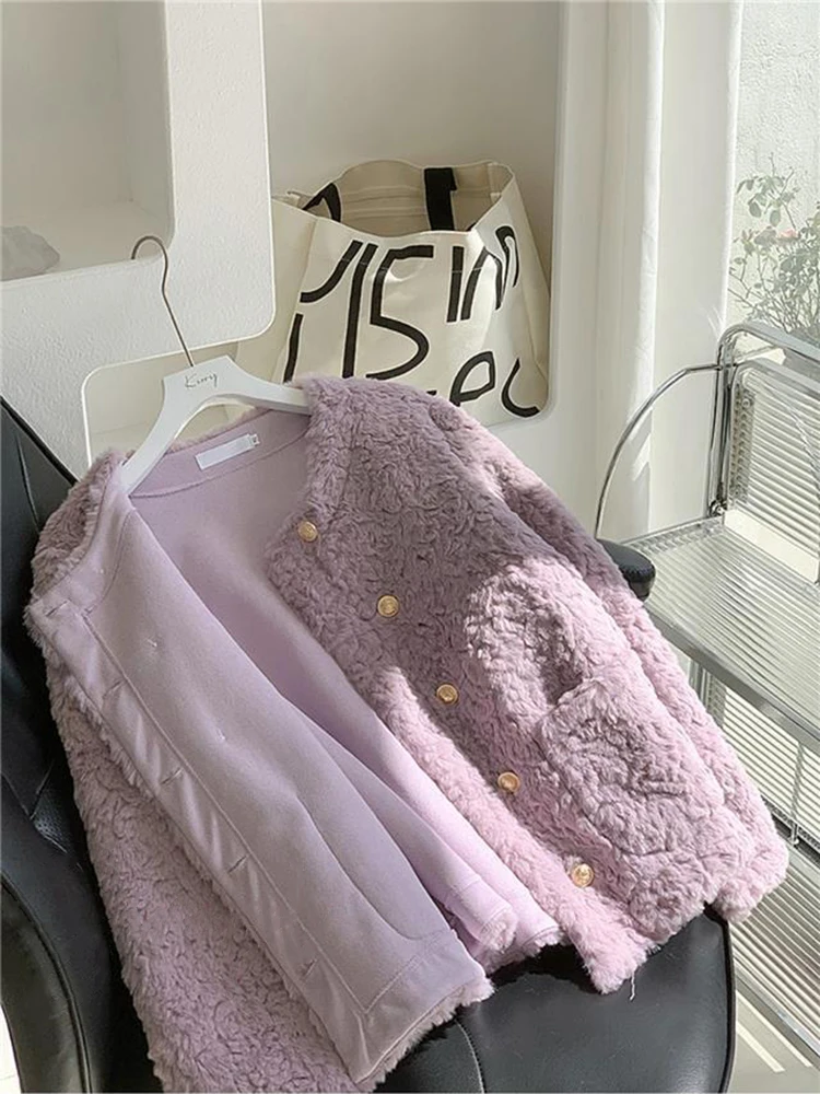 Moda falso lã de cordeiro jaqueta de pele feminina outono duplo breasted o pescoço colheita casaco feminino coreano elegante macio pele do falso outerwear