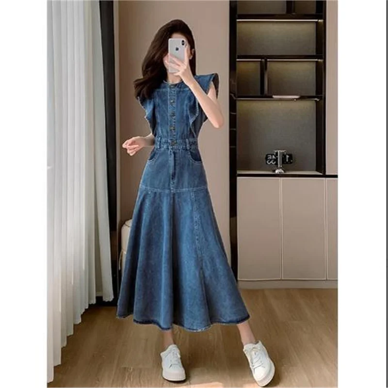 Summer New Design Sensation Women's Denim Dr Slim Waist Fi Tail Long Skirt Faionable A-Line Midi Dr without Sves