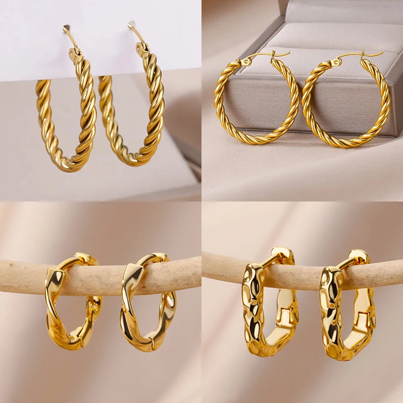 

Stainless Steel Twist Hoop Earrings For Women Vintage Gold Plated Geometric Earring Luxury Wedding Statement Jewelry Accessories