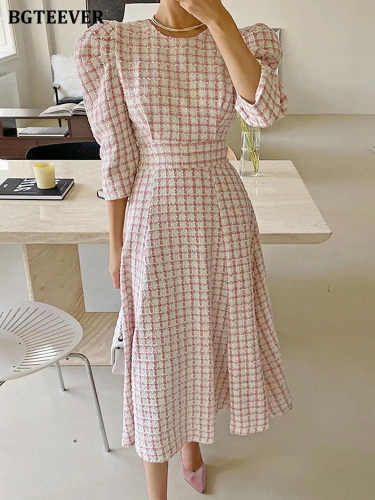 BGTEEVER Elegant Puff Sleeve Women A-line Dress Spring Summer Slim Waist Female Plaid Dress Chic Mid-length Ladies vestidos