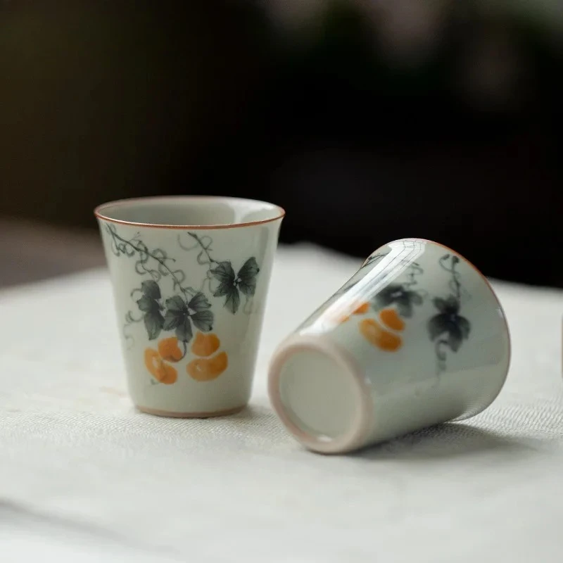 2pc/lot 40ml Ancient Green Grisaille Painting Gourd Teacup Luxury Tea Bowl Jug Tea-tasting Meditation Cup Chazhan Master Cups