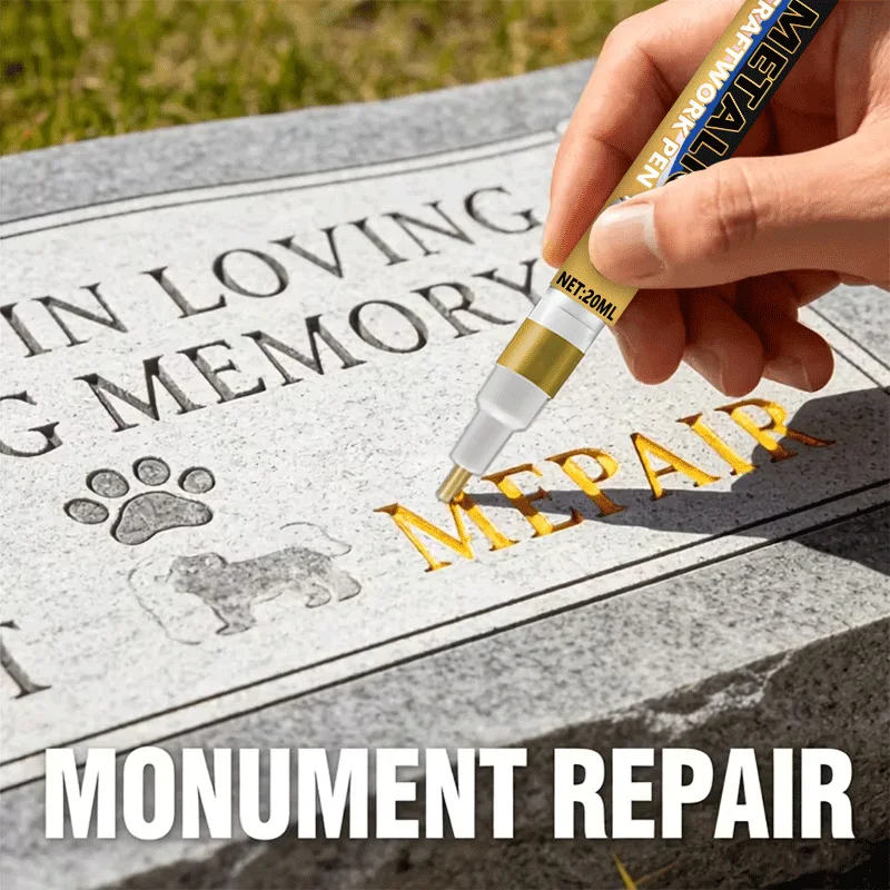 20ML Metallic Craftwork Pen Waterproof Gold Ink Monument Repair Marker for Tombstone Lettering Long-Lasting 3-5 Years