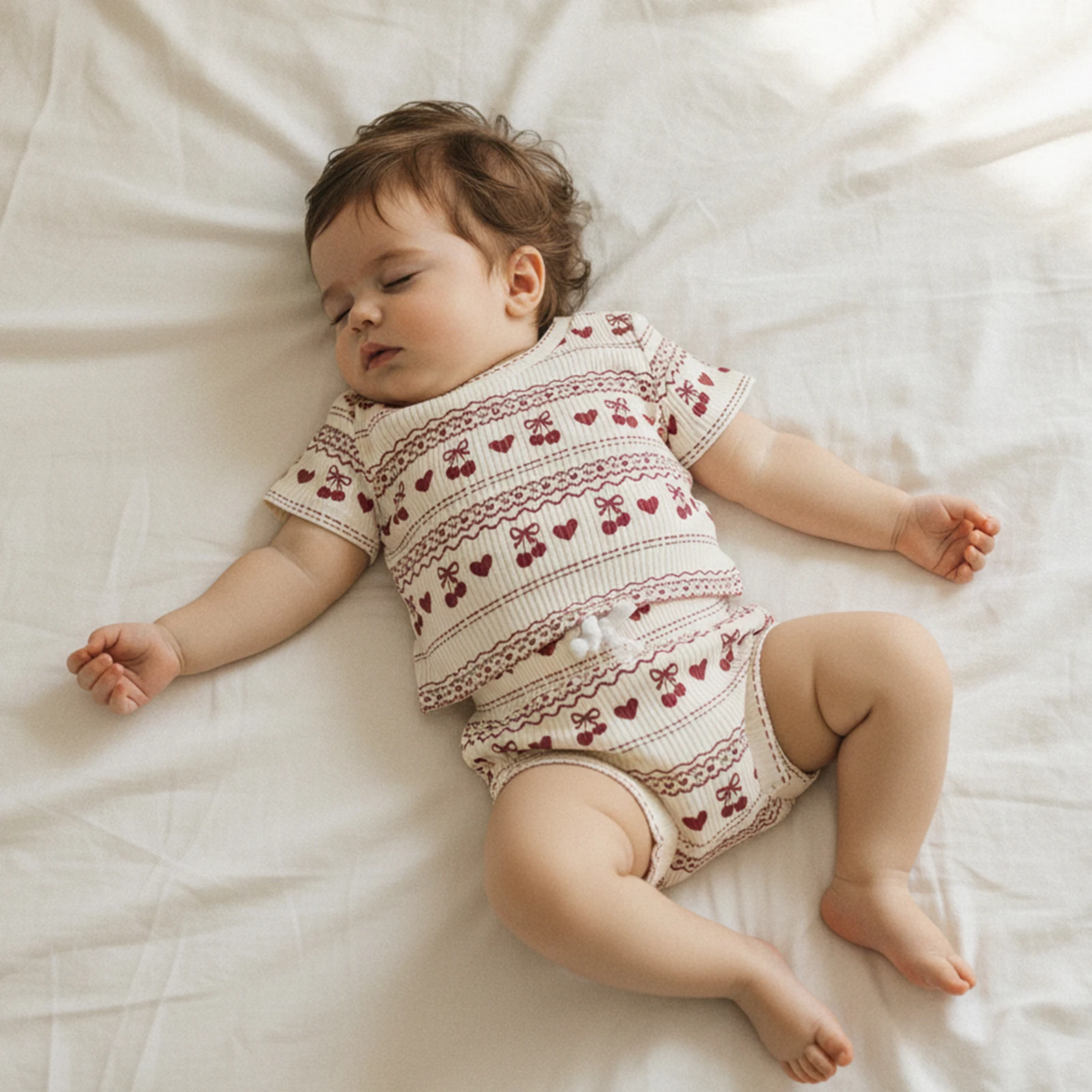 

Suefunskry Infant Baby Girl Summer Outfit Crew Neck Short Sleeve Cherry Print T-shirt Tops and Elastic Waist Bloomers Shorts