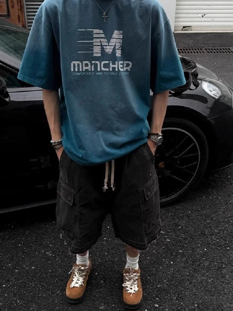 

American High Street Hip Hop Frayed Multi ket Bla Workwear Dstring Five-Quarter Denim orts Men Loose Wide Leg Pants