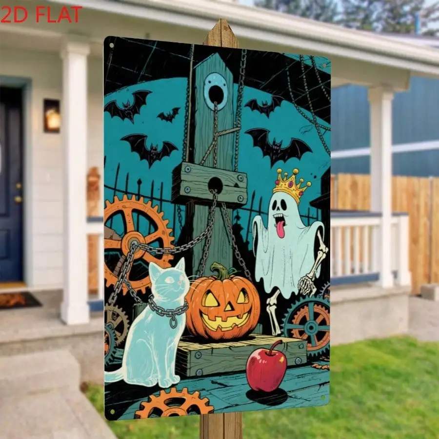 2D Flat, 2D Flat Vintage Halloween Metal Iron Wall Decor Sign - Spooky Haunted House Scene With Ghosts, Bats, Jack-O-Lanterns & Steampunk Gears - Durable Indoor/Outdoor Decoration For Living Room, Garden, Bar, Kitchen - Halloween, Christmas, Birthday