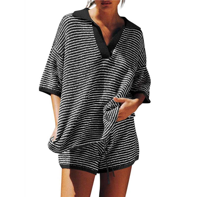 

Горячие Kf-женские комплекты из двух предметов, большие вязаные топы с рукавами 3/4, V-образным вырезом, шорты с высокой талией, комплекты для отдыха