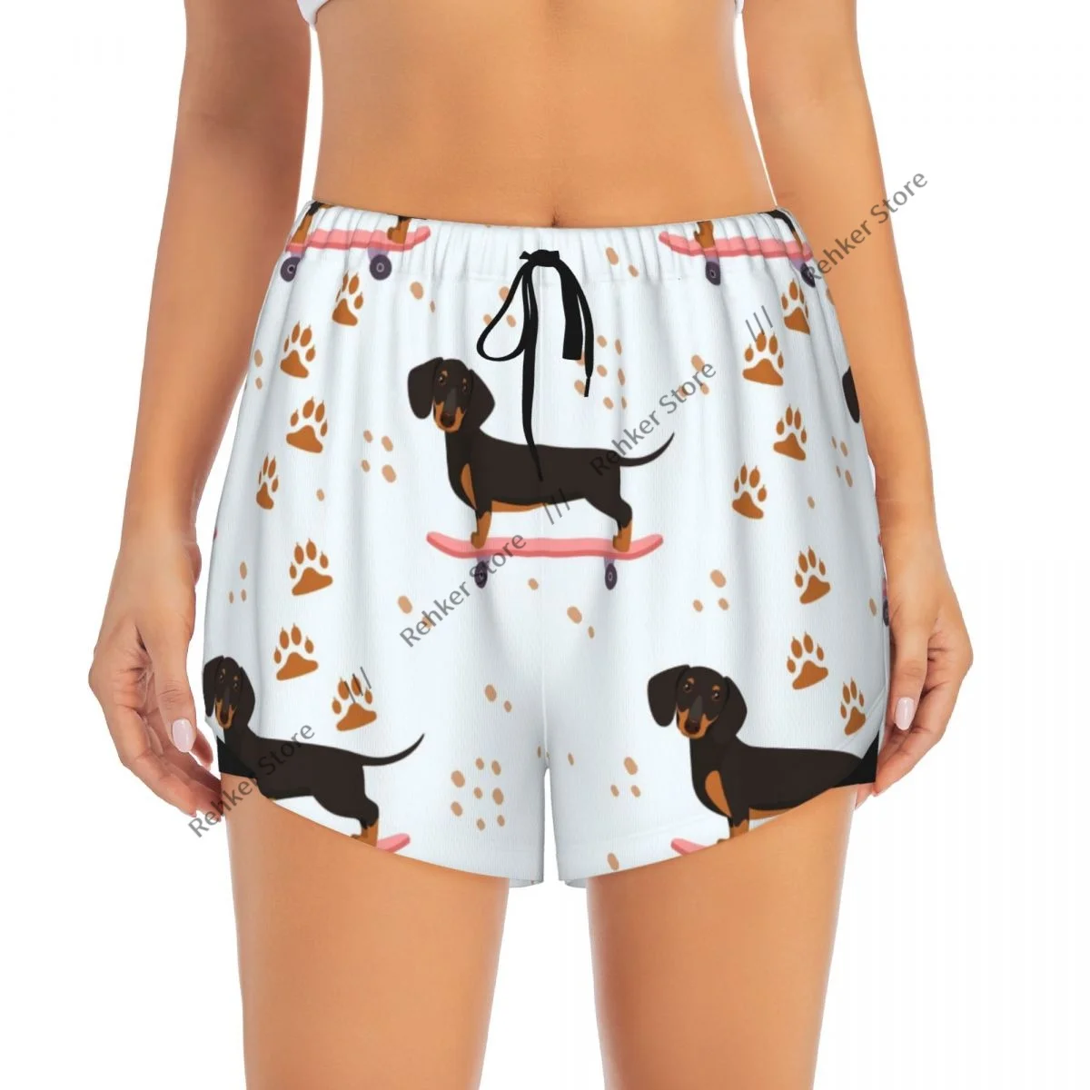 Engraçado dachshund no skate feminino dupla camada de secagem rápida shorts atléticos para lazer ao ar livre correndo fitness treino esporte