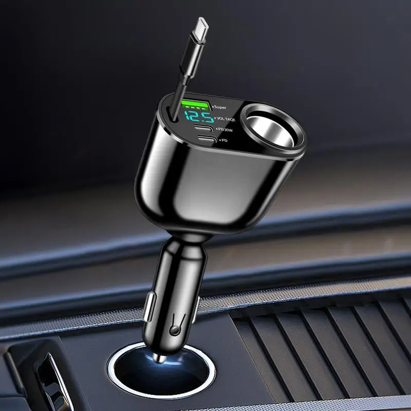 

100W Super Fast Charging Adapter with Retractable Cord PD30W Type C USB Car Fast Charger Auto Mobile Phone Charger Adapter