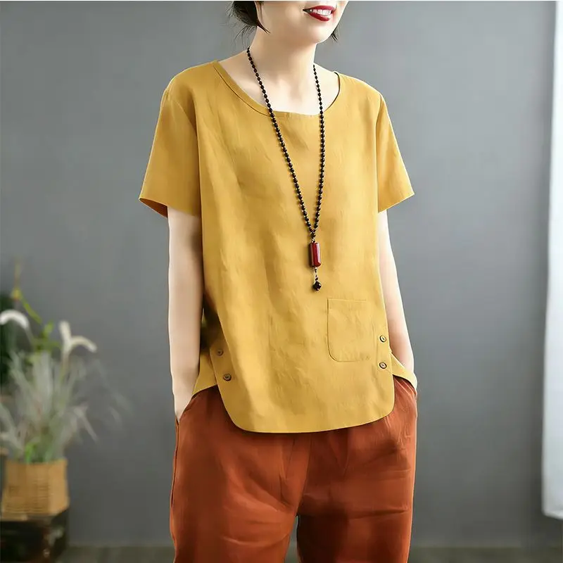 

Slimming Effect plus Size Women's Cotton Linen Short Sleeve T-Shirt round Neck Print Thin Base Shirt Spring Summer New Arrival