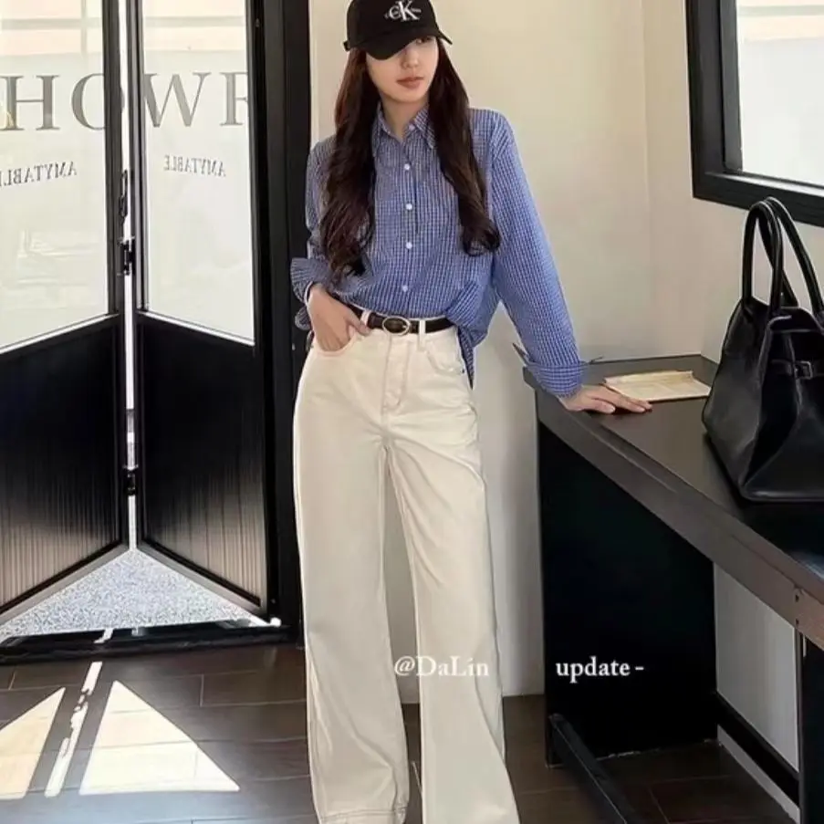 

Beige high-waisted women's jeans, new American style for spring, loose retro slimming straight-leg floor-length pants