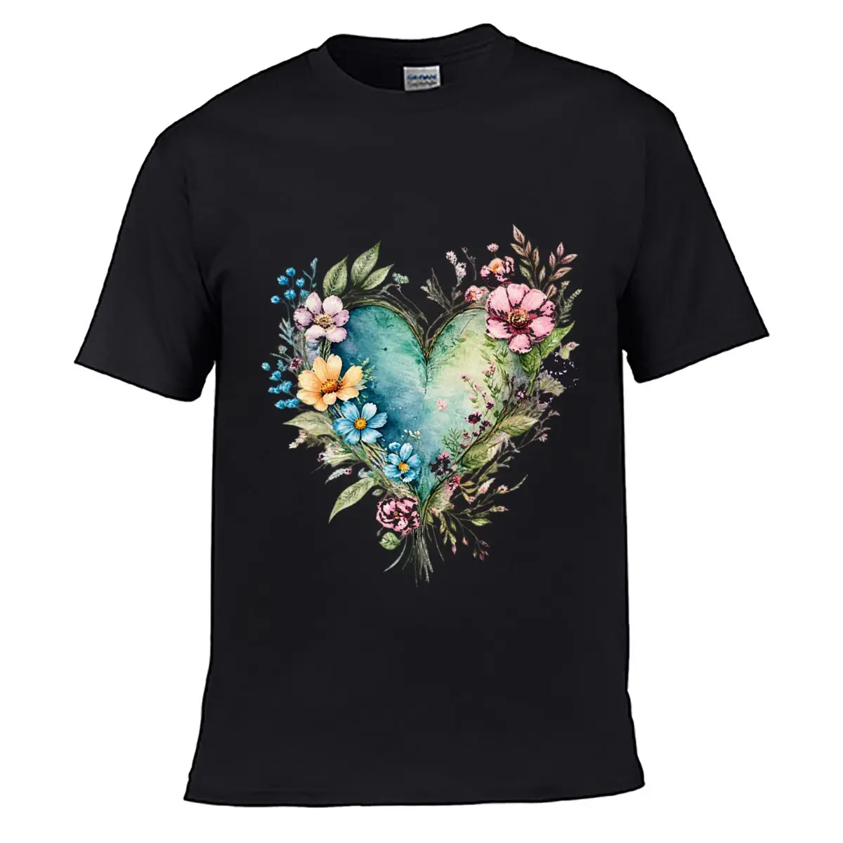 Watercolor Floral Heart Wildflower Bouquet Botanical Leaves Solid Washed Vintage Tee Distressed Loose