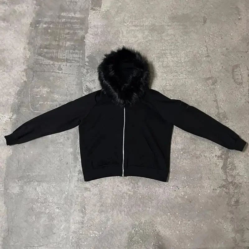 Autumn Winter Y2k Women Aesthetic Harajuku Faux Fur Collar Hoodies Clothes Printing Pattern Hip Hop Punk Gothic Zip Up Hoodies