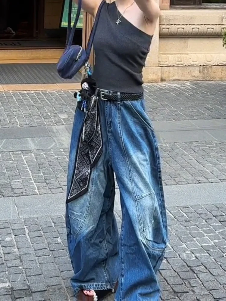 

Американские свободные джинсы в стиле оверсайз для женщин, винтажные, универсальные, модные, удлиненные, с эффектом потертости, брюки-клеш