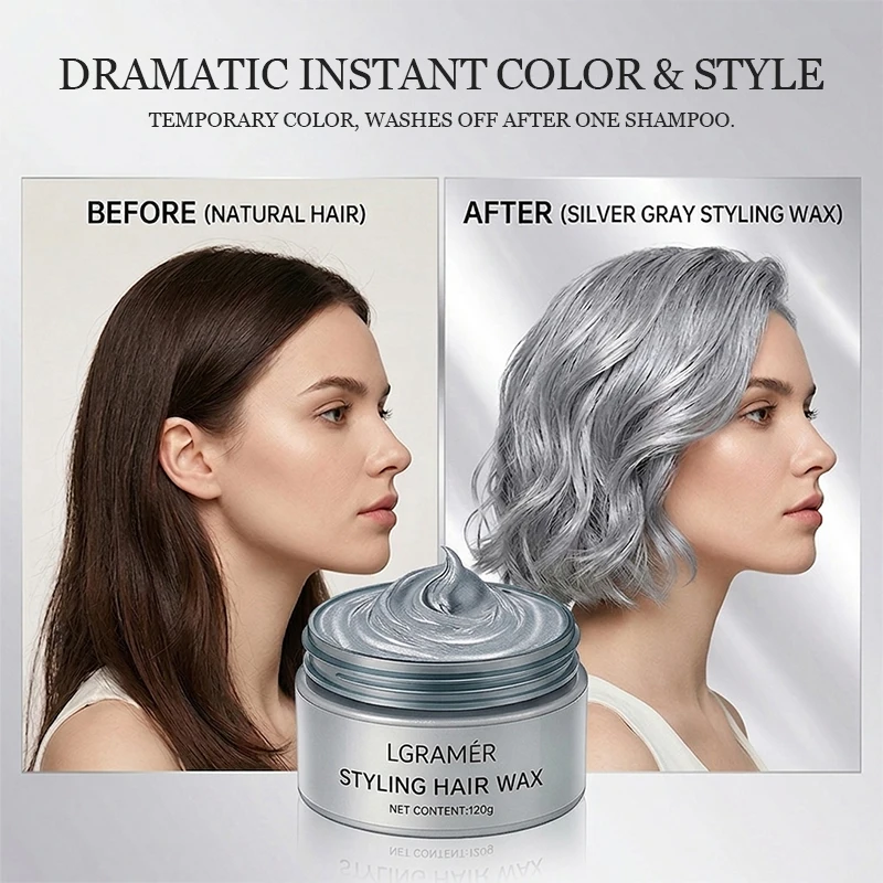 Silver Gray Temporary Hair Color Wax,Instant Natural Hairstyle Cream Dye for Youth,Disposable Coloring Mud for Halloween Cosplay