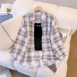 Ice Silk Plaid Loose Street Casual Cardigan Summer New Long Sleeve Polo Neck Vintage Shirt Tops Fashion Trend Women Clothing