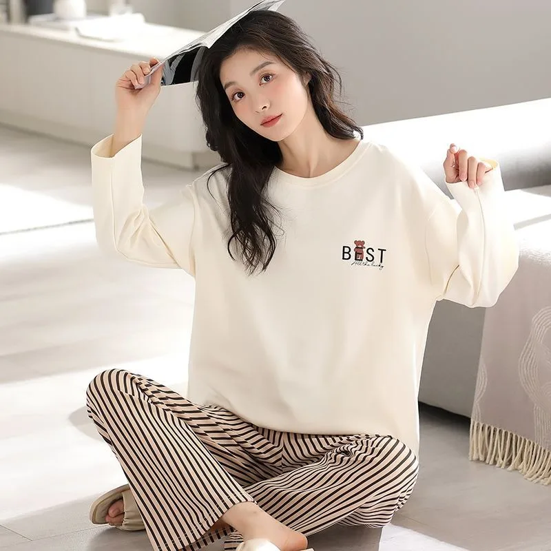 2024 New 100% Double-sided Pure Cotton Pajamas Women Spring Autumn Large-sized Long Sleeved Sleepwear Set Korean Casual Homewear